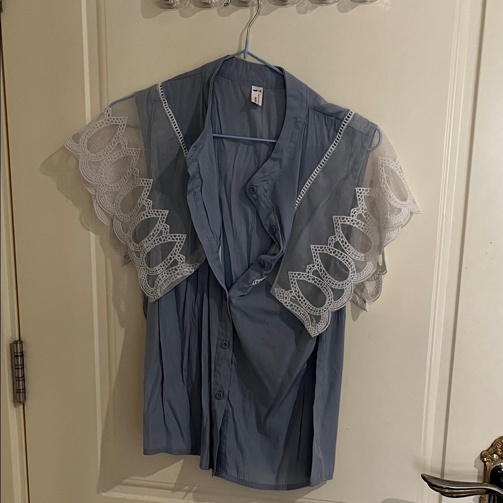 Women's Blue Button-Front Blouse with White Lace Sleeves